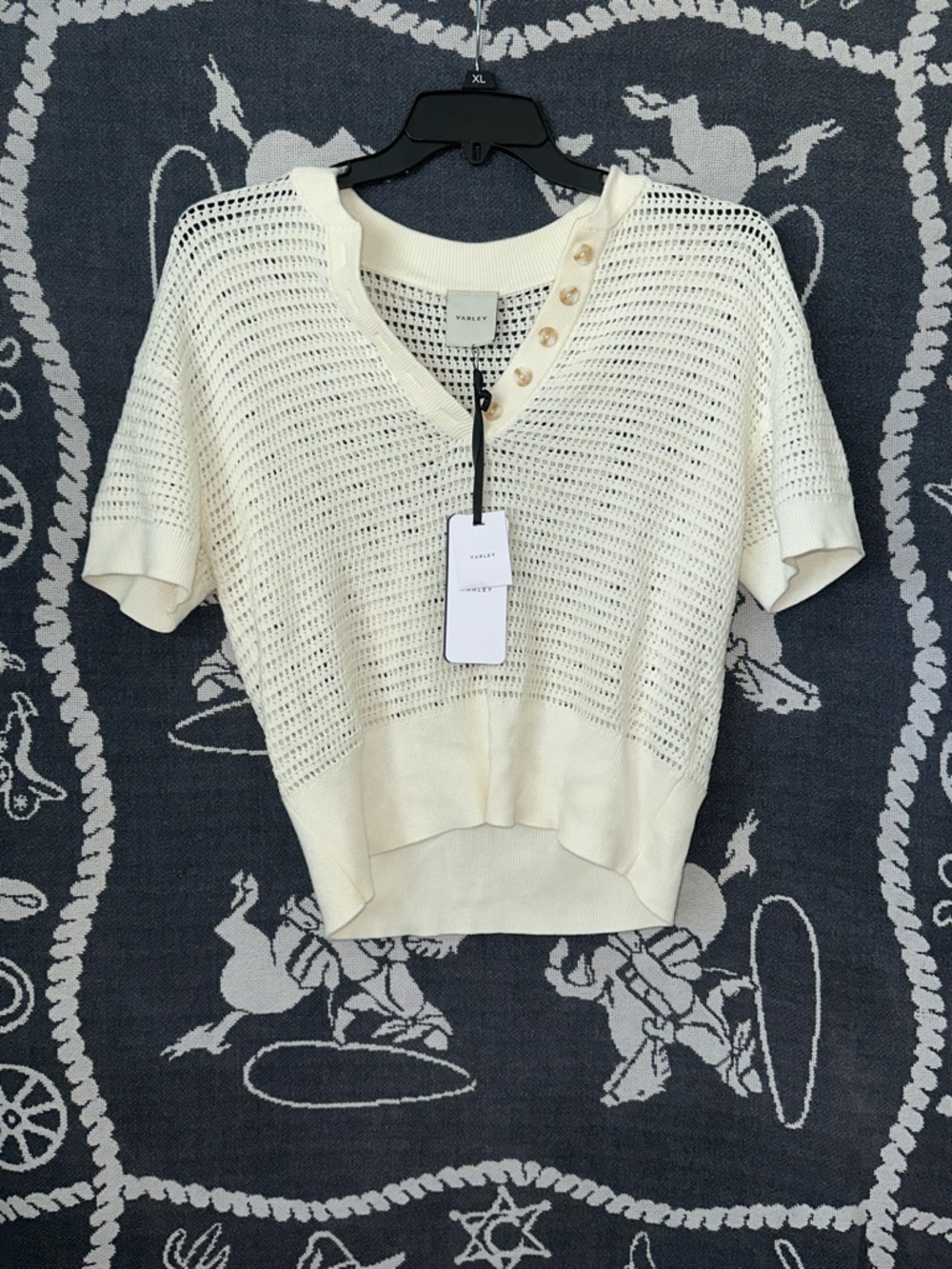 Varley Cream Open-Weave Short Sleeve V-Neck Sweater with Button Detail